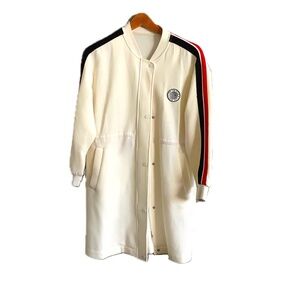 mo & co mo co long collarless track style jacket off white size large like new